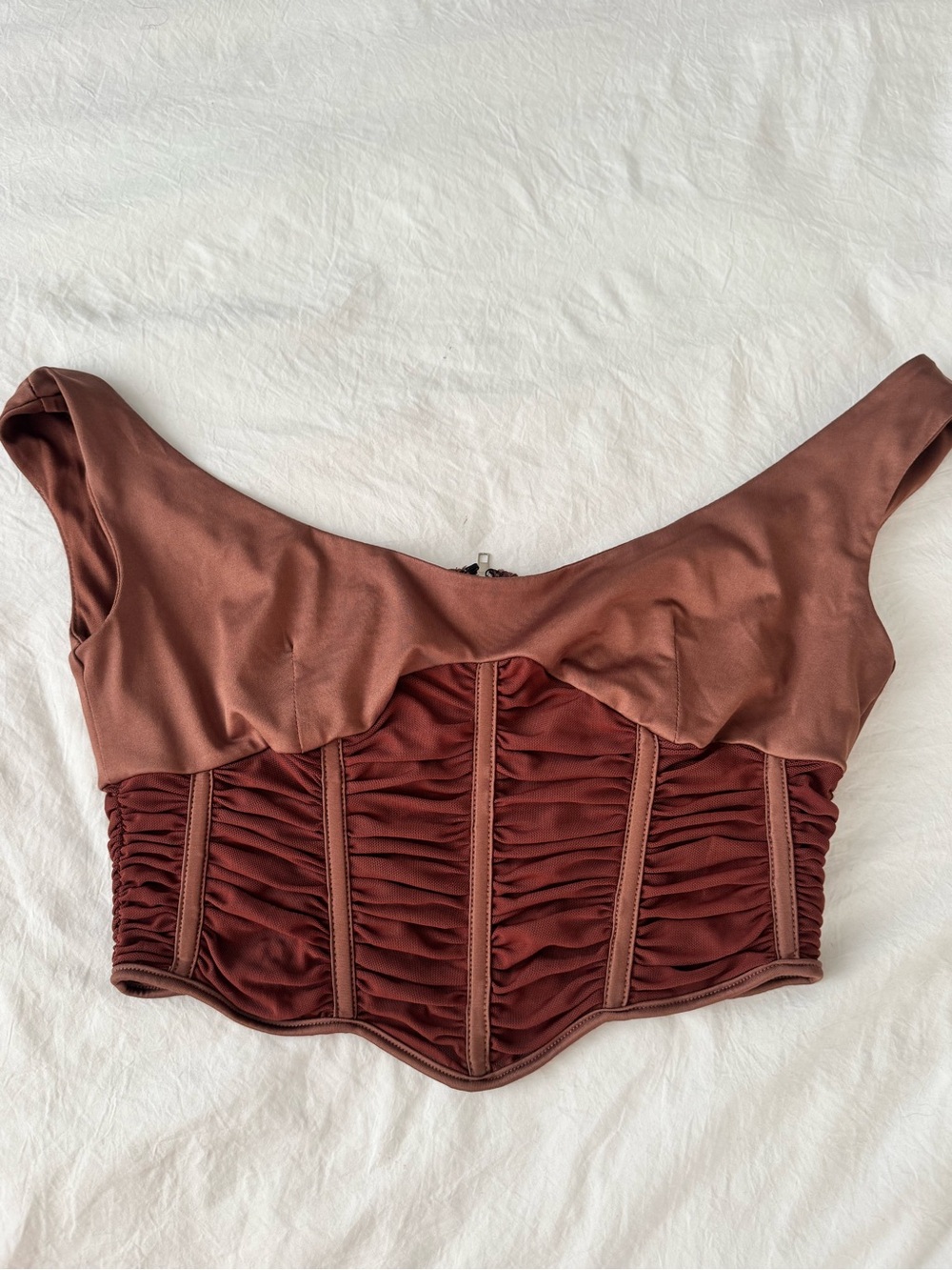 Fashion Nova Two-Tone Rust Brown Ruched Corset Crop Top. Off the shoulder